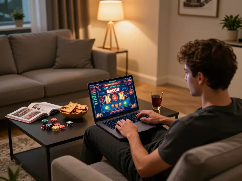 Engaged player using Bet88 casino interface on a laptop during cozy home gaming session.