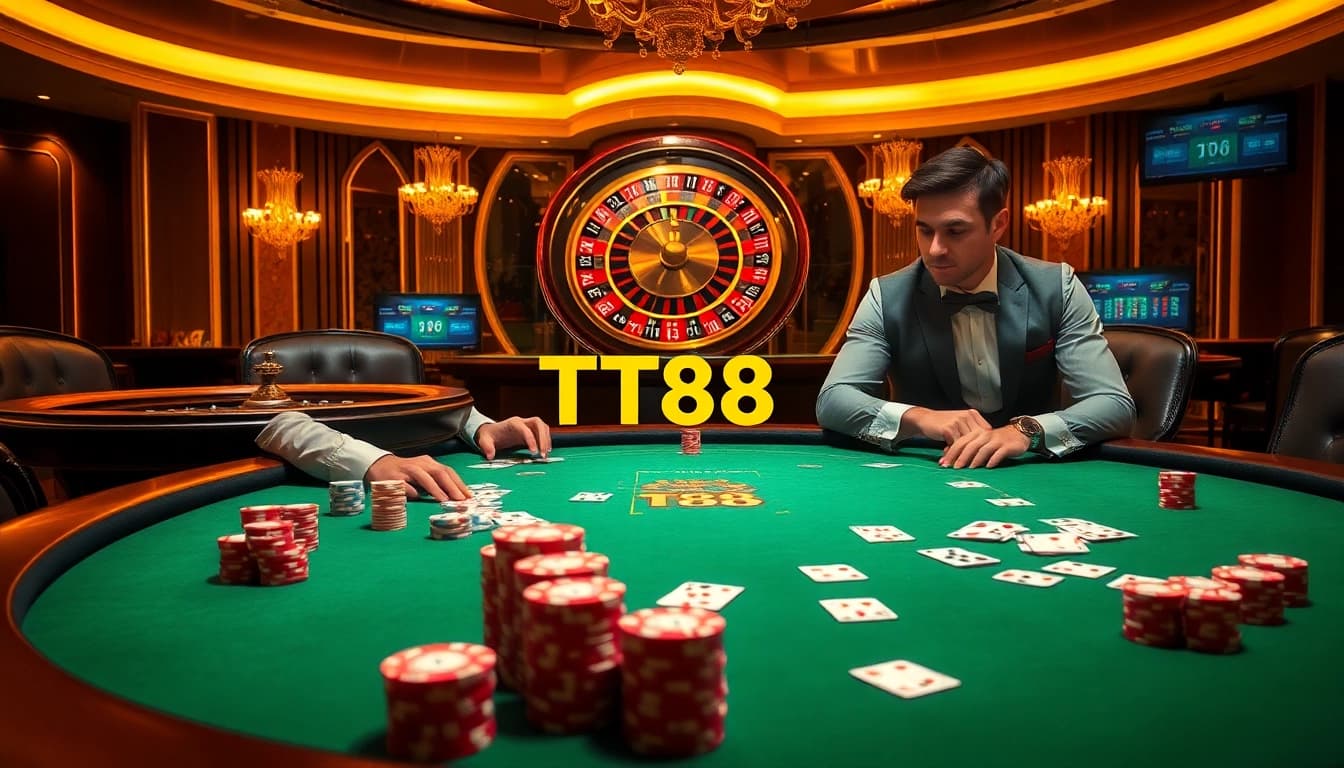 Engage in a thrilling TT88 gaming experience at a lavish casino table with poker chips and cards.