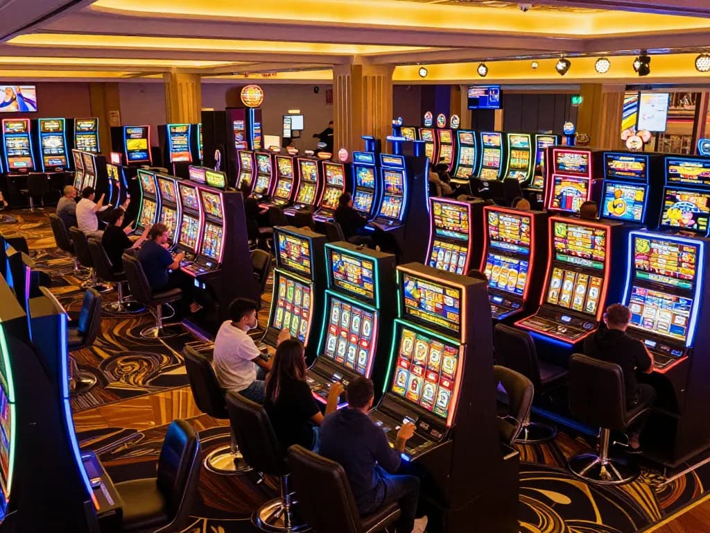 Players celebrating wins at vibrant slot machines in a bustling casino atmosphere