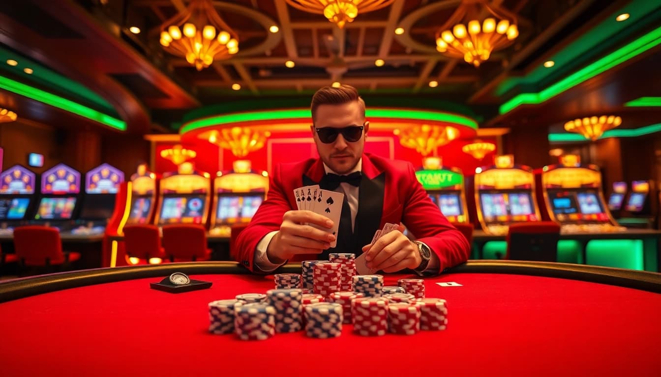 Exciting casino atmosphere with s88 chips and cards at a luxurious poker table.