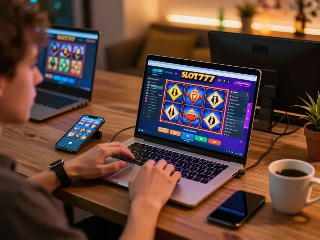 Playing slot777 online on a laptop at a cozy gaming setup with warm lighting.