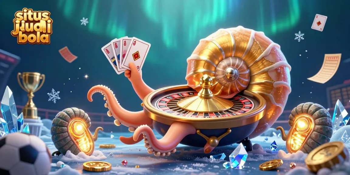 Engage in situs judi bola with a dynamic scene featuring a giant nautilus as a roulette wheel and vibrant sports betting elements.