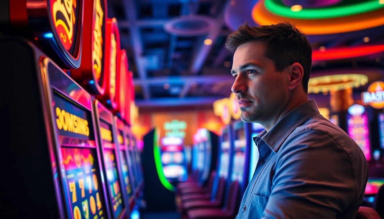 Aktivitas di kasino ibet44 dengan pemain yang terfokus dan mesin slot cerah.