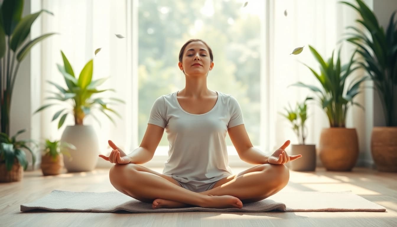 Anxiety symptoms serenity depicted in mindfulness practice of a peaceful individual in a sunlit room.