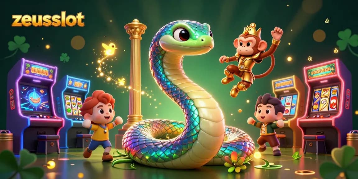 Experience thrilling zeusslot adventures with a playful monkey king and a rainbow serpent in a vibrant casino scene.