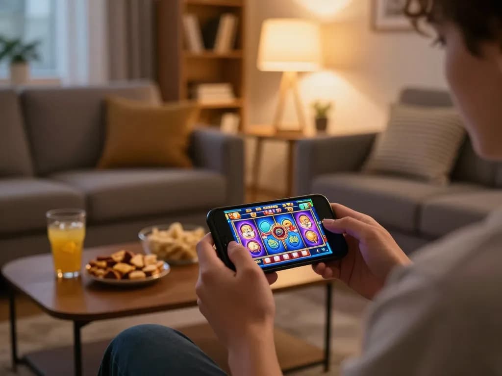 Playing slot games on a smartphone, showcasing a cozy home gambling environment.