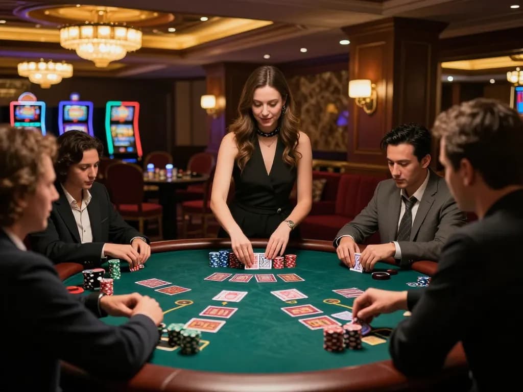 Players engaging at a blackjack table in a luxury casino, showcasing the thrill of winstrike69 gameplay.