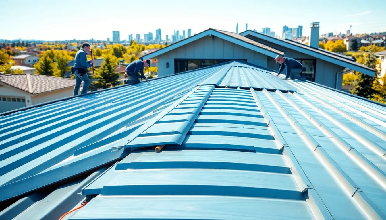 Installers applying durable metal roofing calgary to a contemporary home.