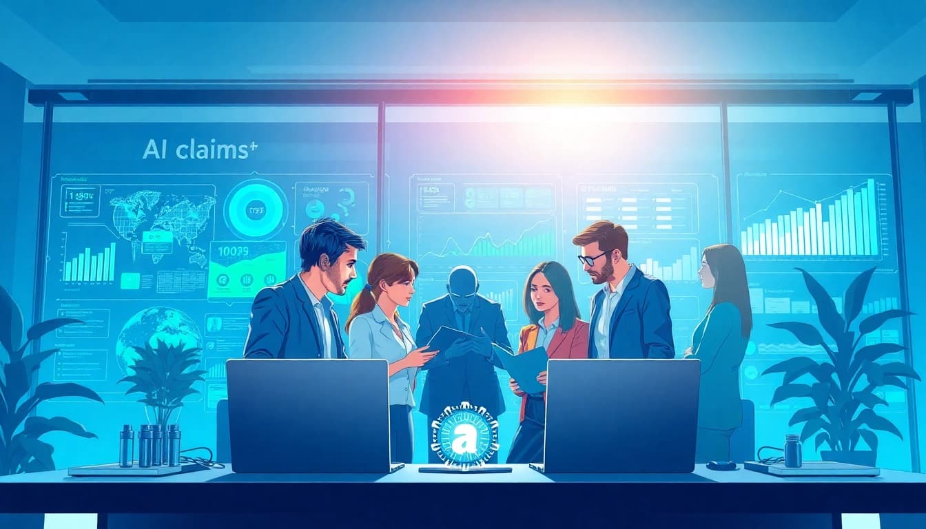 Professionals engaged in AI claims processing, collaborating over technology in a vibrant office environment.