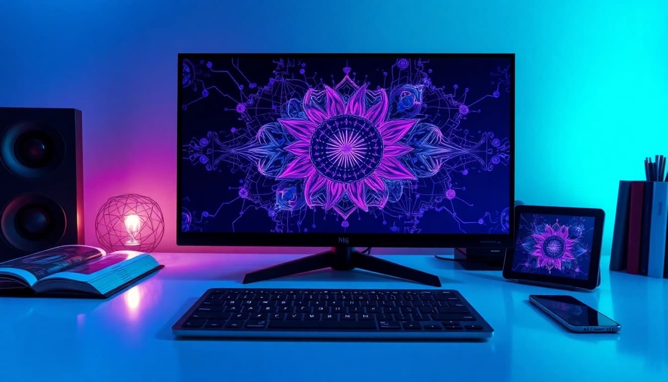 Intricate NSFW AI image generator interface in a modern workspace, showcasing vivid digital art.