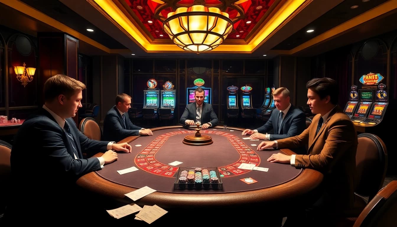 Engage in a thrilling game of poker at 123b with professional players at an elegant casino table.