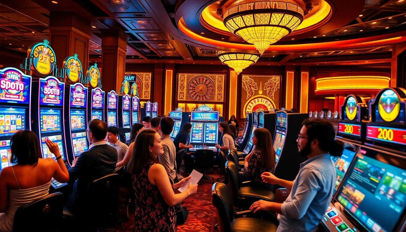 Mainkan permainan slot depo pulsa yang seru dalam suasana kasino yang hidup, dipenuhi pemain yang enerjik dan mesin-mesin berwarna-warni.