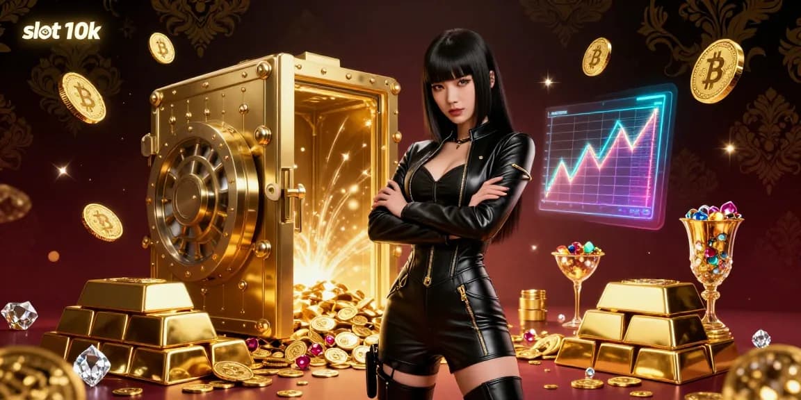 Play slot 10k at a vibrant casino with gold coins and jewels surrounding you.