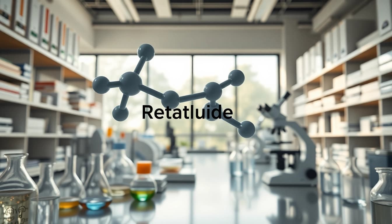 Showcase of Retatrutide molecule structure in a professional laboratory setting.