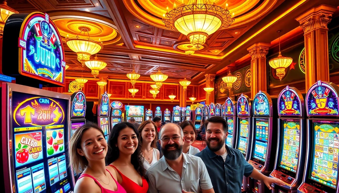 Menangkan jackpot di slot online dengan suasana kasino yang berwarna-warni dan ceria.