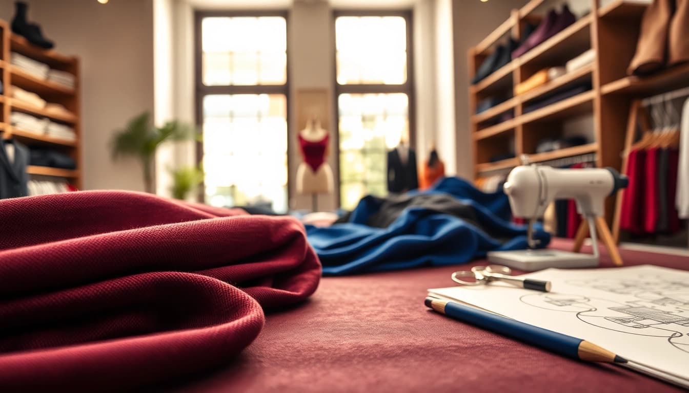 Punta di Roma stof met rijke texturen en kleuren in een modewinkel.