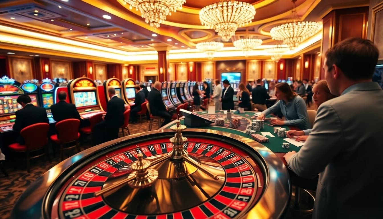 Scène immersive de gameplay de casino vibrant montrant l'excitation du meilleur casino en ligne avec roulette et machines à sous.