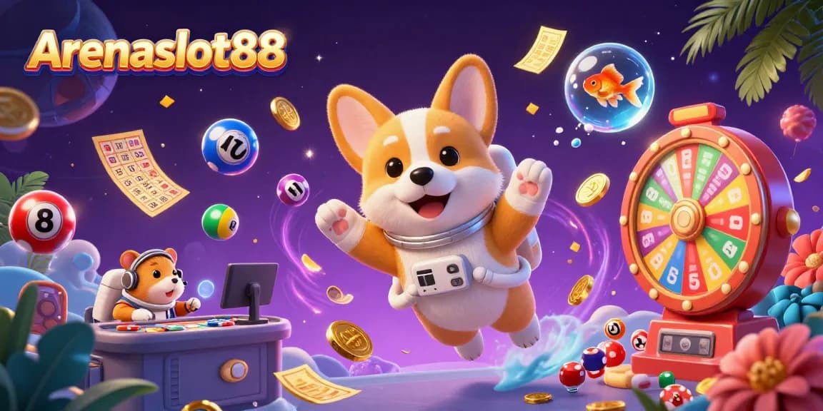 Arenaslot88 menampilkan corgi astronot 3D berinteraksi di kasino luar angkasa dengan elemen permainan yang penuh warna.