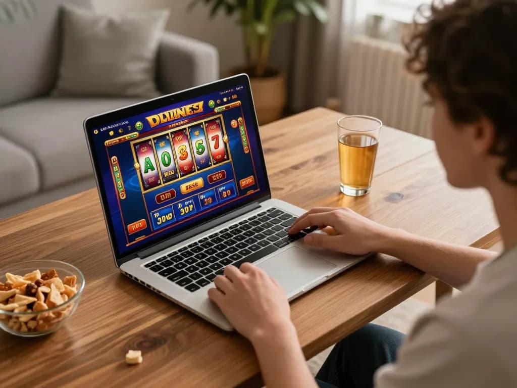 Casinò americani online: Player enjoying their time on a laptop with vibrant slots on screen in a cozy home environment.