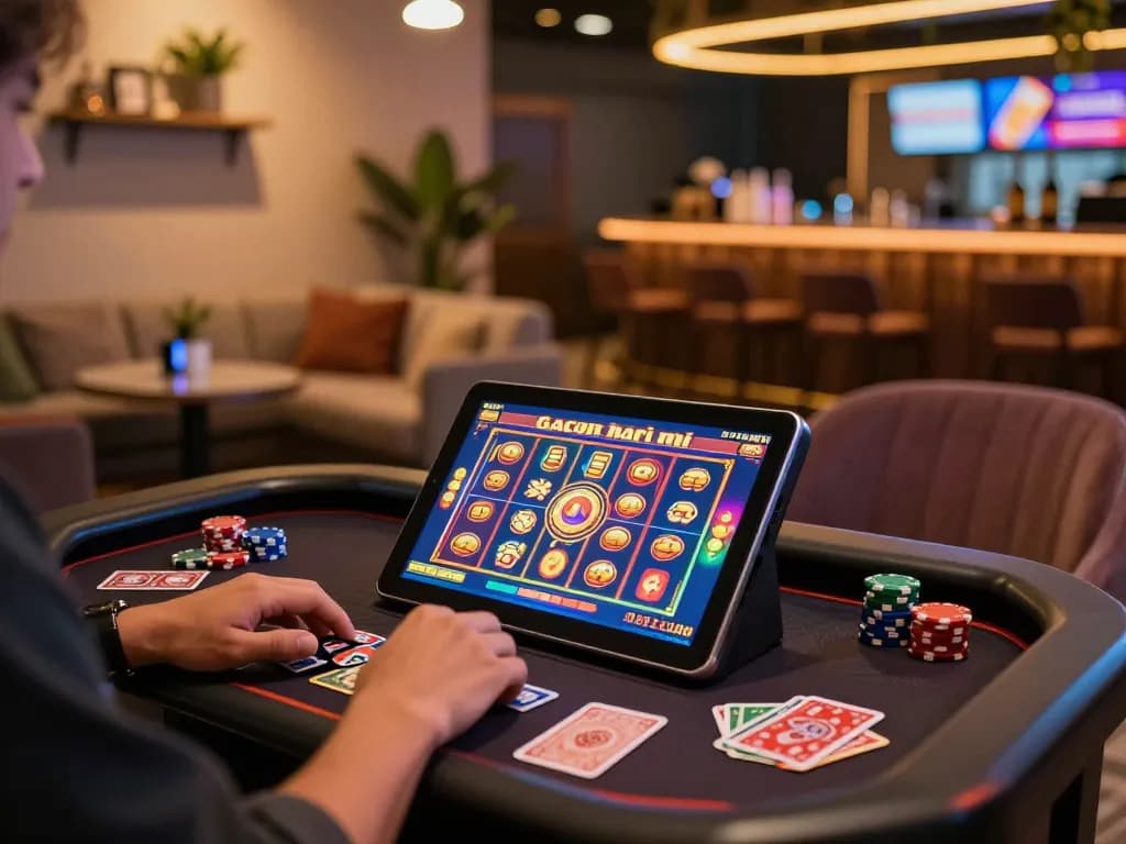 Playing slot gacor hari ini on a tablet in a stylish home casino setting, showcasing vibrant game graphics and winning symbols.