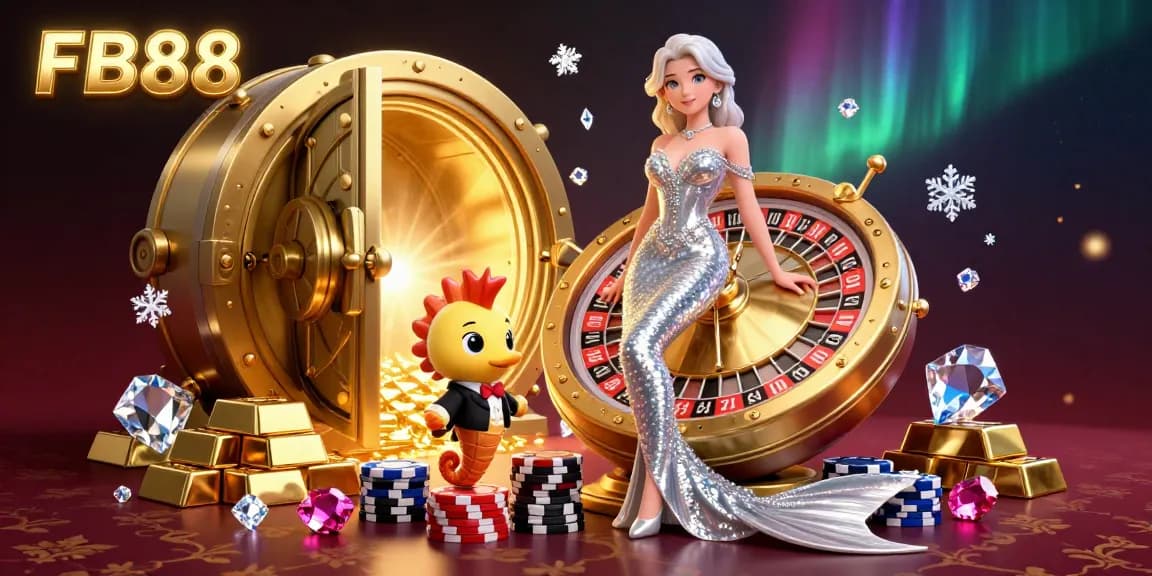 Experience thrilling gaming with FB88's dynamic casino atmosphere featuring a glamorous scene of roulette and opulent treasures.