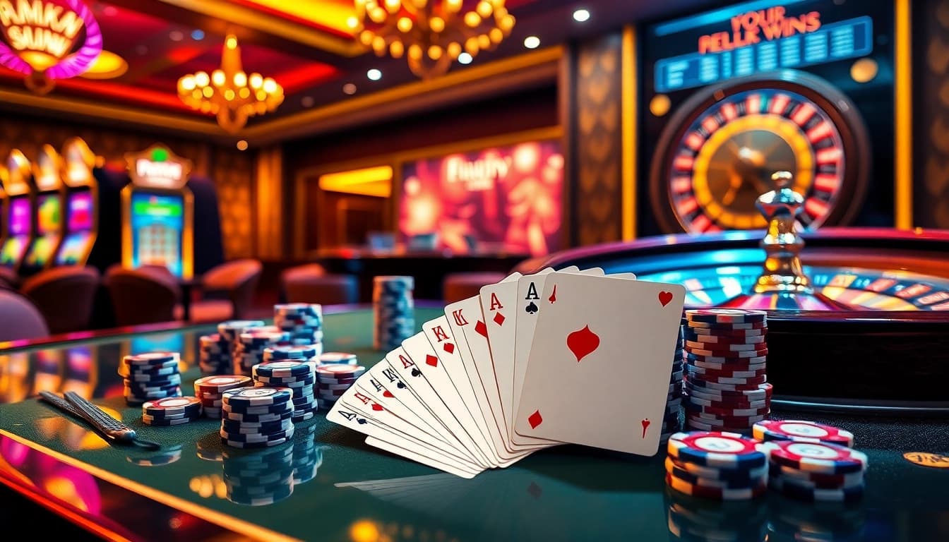 Engaging scene of online gambling showcasing rikvip with casino tables and vibrant slot machines.