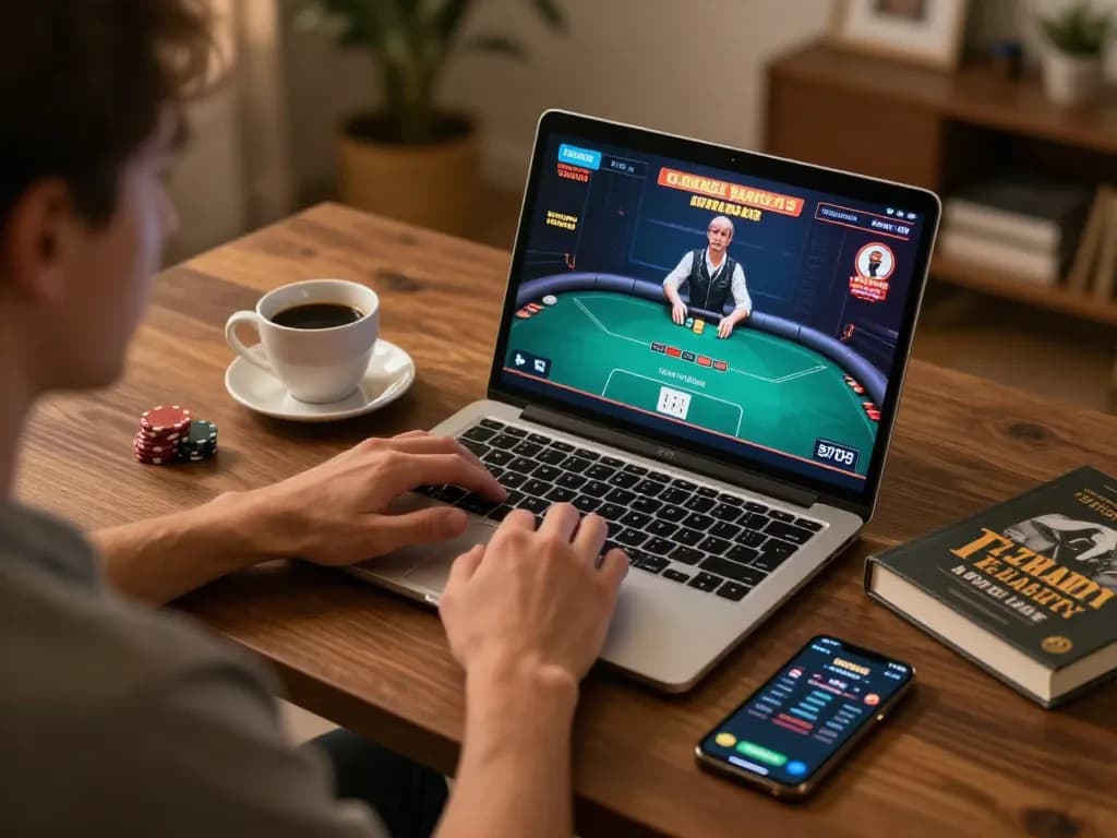 Engaging gameplay on LOTO188 LINK, showing a player immersed in an online poker session at home.