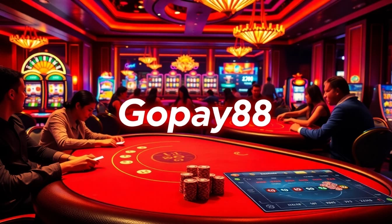 Players strategizing at a Gopay88 poker table with vibrant casino elements and excitement.