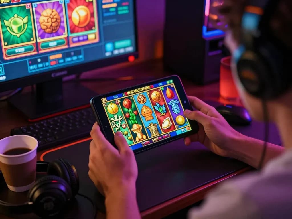 Exciting gaming scene with a player enjoying a slot bet 200 perak on their mobile device amidst cozy gaming setup elements.