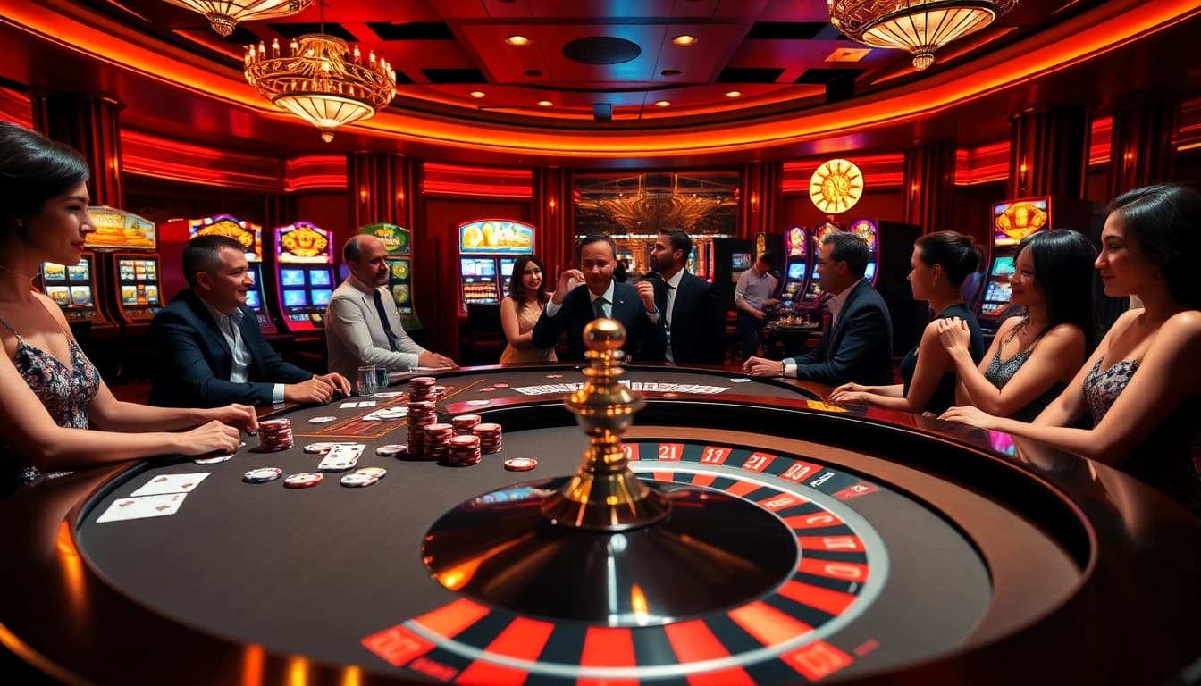 Para pemain yang bersemangat di meja poker dalam kasino mewah, menyoroti suasana perjudian Datukwin.