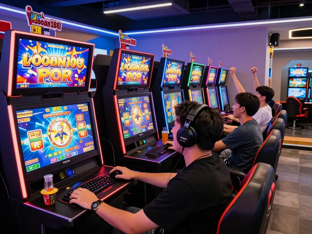 Suasana permainan yang mengasyikkan menampilkan pemain slot laoban188 merayakan kemenangan di lounge yang meriah.
