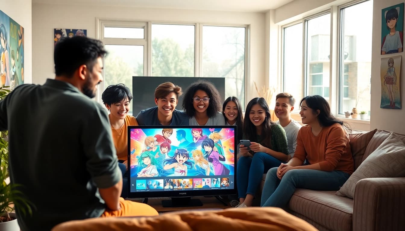 Watch anime series online with friends in a cozy living room setting.