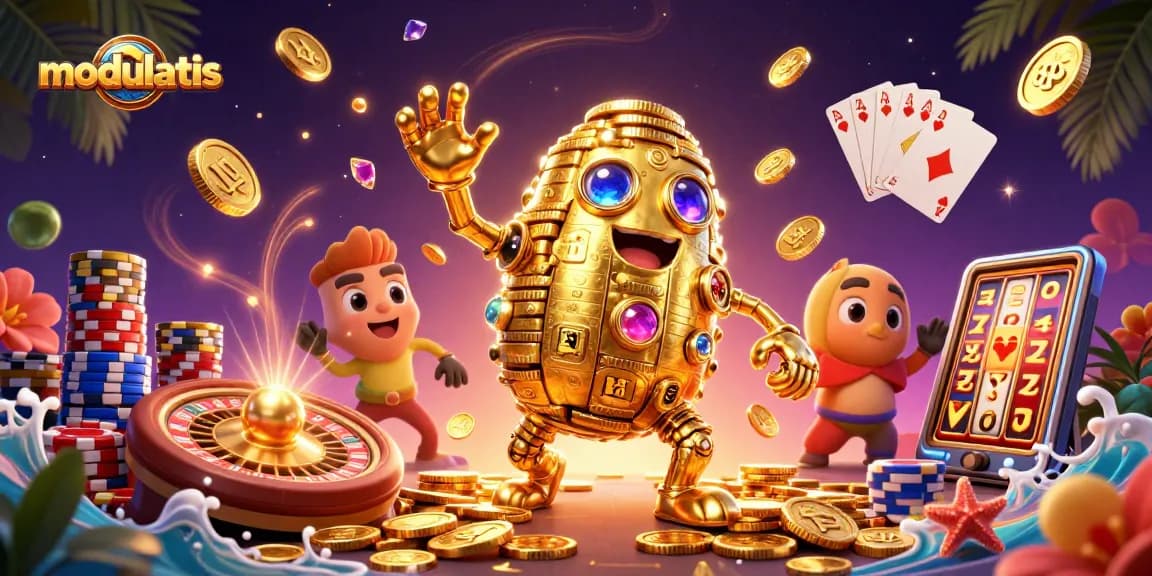 Permainan slot gacor modulatis dengan golem emas dan efek menarik dalam ilustrasi digital.
