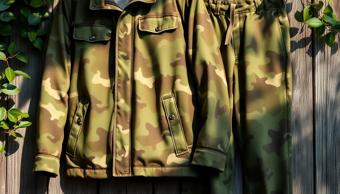 Goedkope camouflage print op een stijlvolle houten achtergrond met natuurlijke verlichting.