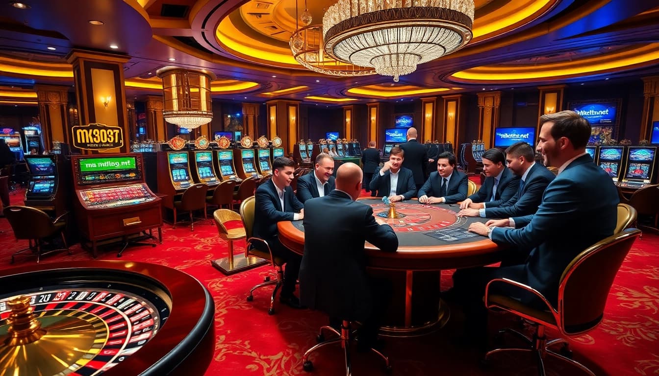 Professional gamblers engaged in high-stakes poker at mk8th.net casino, showcasing excitement and luxury.