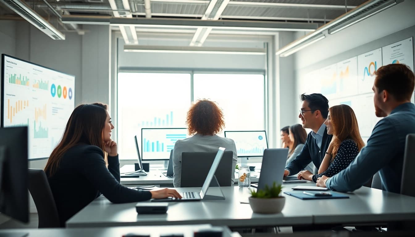 Engage with competitive intelligence strategies while a team collaborates in a modern workspace.