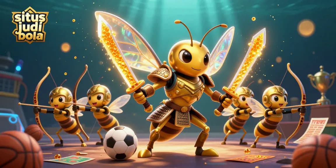 situs judi bola illustrated with a majestic hornet in samurai armor and sports betting elements, showcasing betting action.