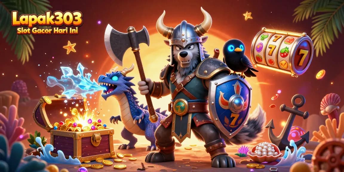 Spin the reels with Lapak303 Slot Gacor Hari Ini for thrilling wins alongside a Viking warrior and ice dragon.