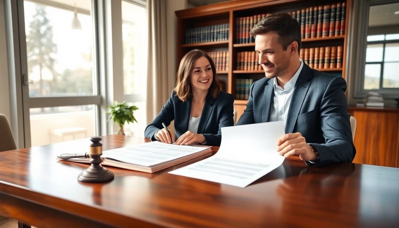 Couple reviewing Family Law Financial Agreements in a modern lawyer's office.