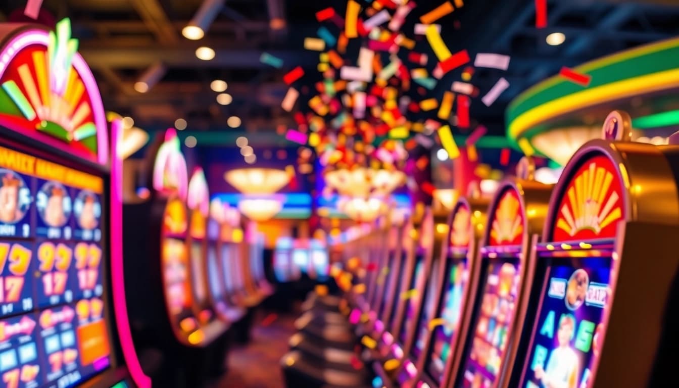 8win casino player celebrating a win amidst vibrant slot machines, capturing excitement.