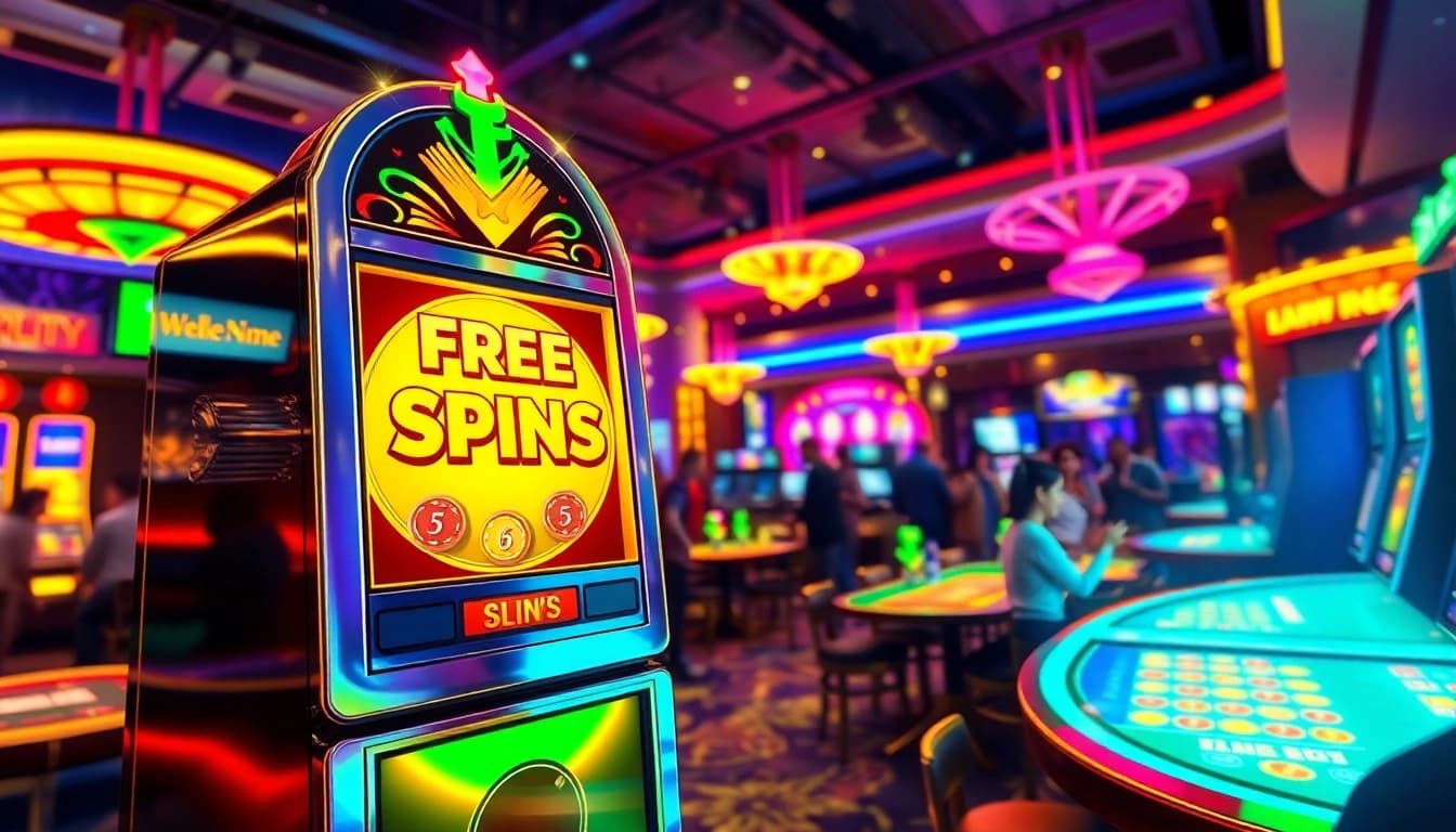 Spin the reels with exciting free spins bonuses at a lively casino setting.