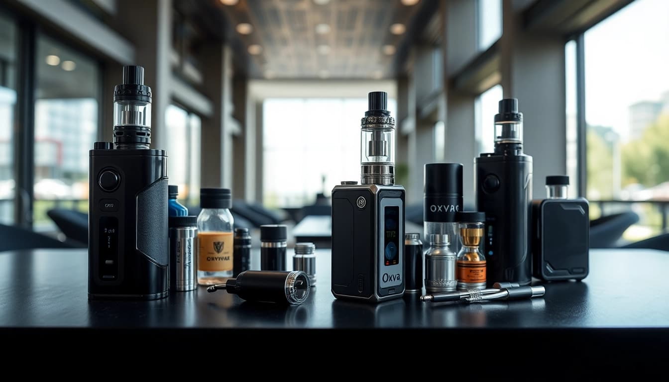 Verwenden Sie Oxva Vapes auf einem eleganten Tisch mit vielseitigem Zubehör.