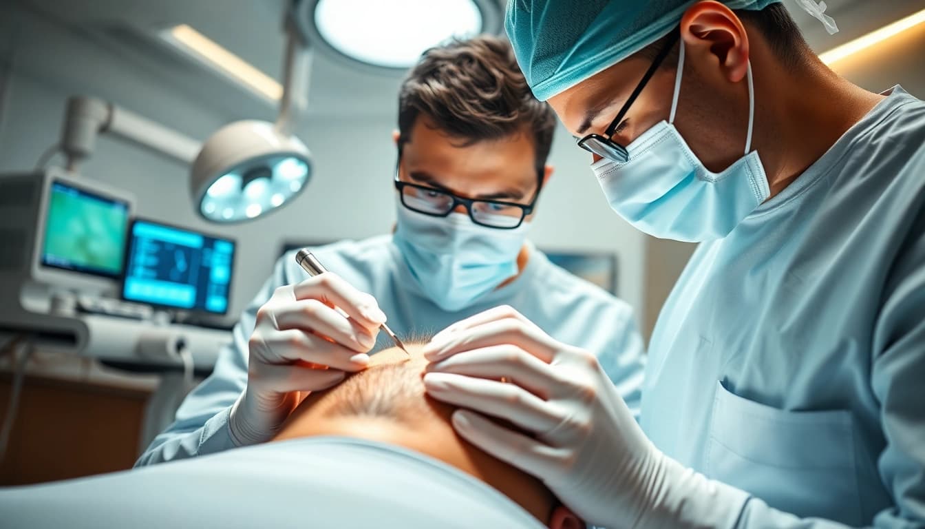 Experienced surgeon performing hair transplant in a clean, modern clinic setting.