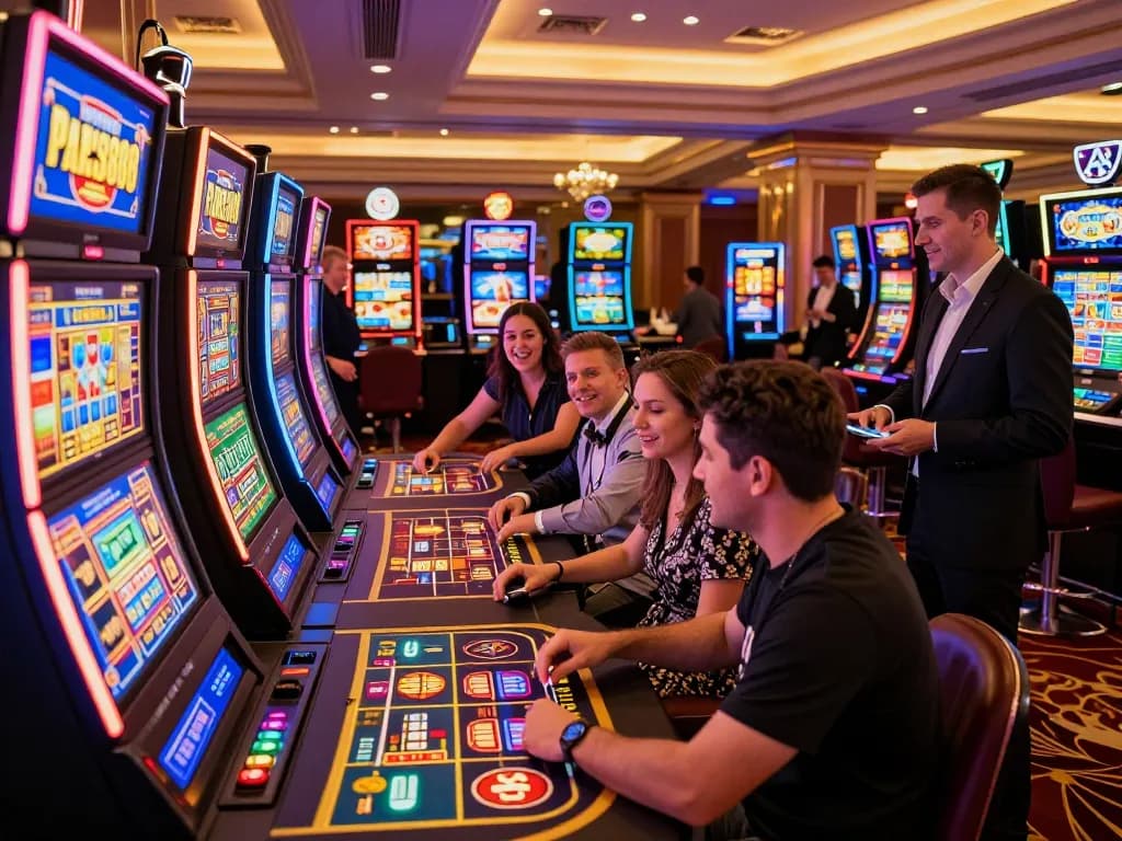 Players enjoying vibrant slot machines at Paris888 casino, celebrating wins in a lively atmosphere.
