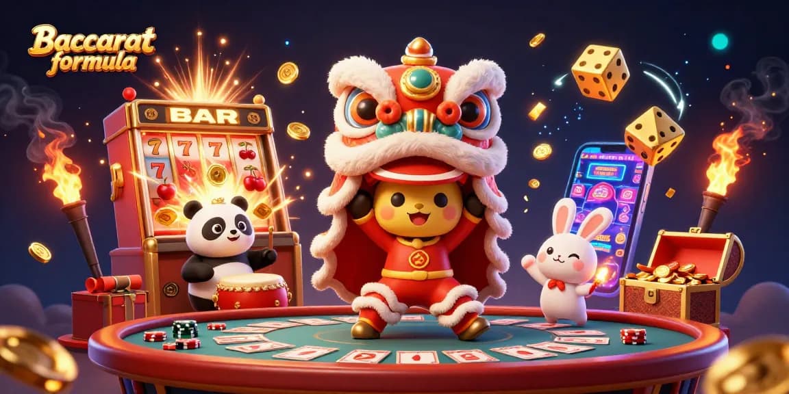 Experience the Baccarat formula in a lively casino scene with colorful characters and exciting gaming elements.
