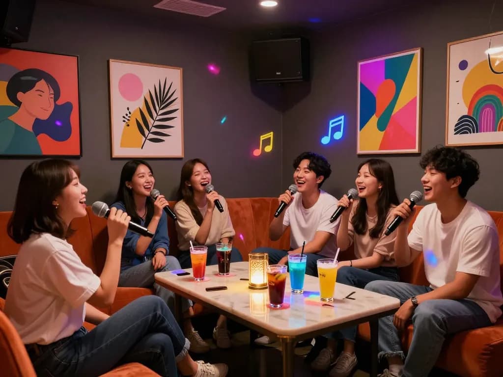 부평쓰리노의 다채로운 개인 룸에서 함께 노래하는 친구들, 활기찬 노래방 분위기를 즐기고 있습니다.
