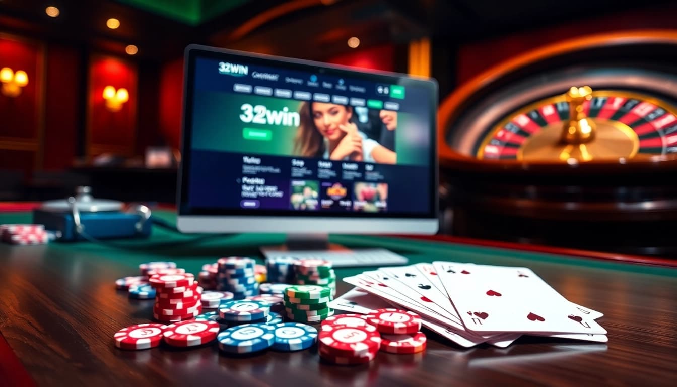Experience the thrill of 32win with dynamic online gambling action and poker chips in focus.