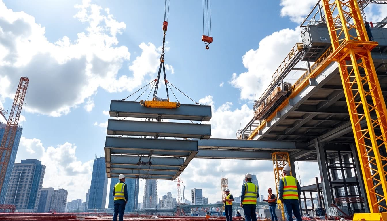 Workers coordinating structural steel installation on a construction site with cranes in action.