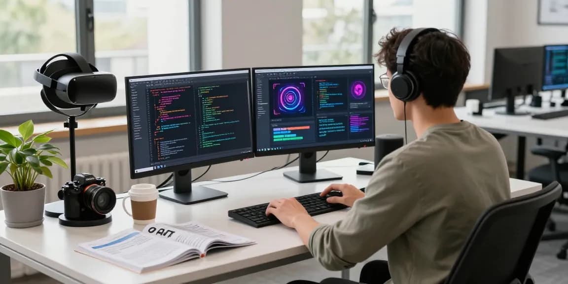 Developer engaging with spicy AI applications in a modern tech workspace, showcasing coding environment and innovative designs.
