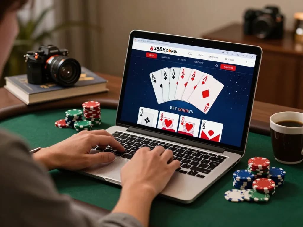 Engaging gameplay on u888poker platform with a focused player; laptop and poker chips in cozy setting.